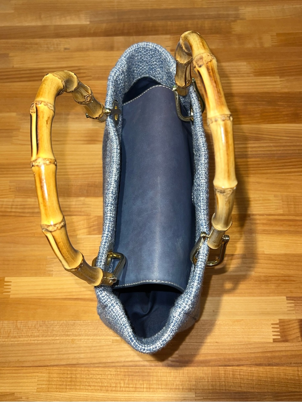 🩵J. McLaughlin Cindy Handbag • Blue Tweed w Bamboo Handles - Picture 2 of 5